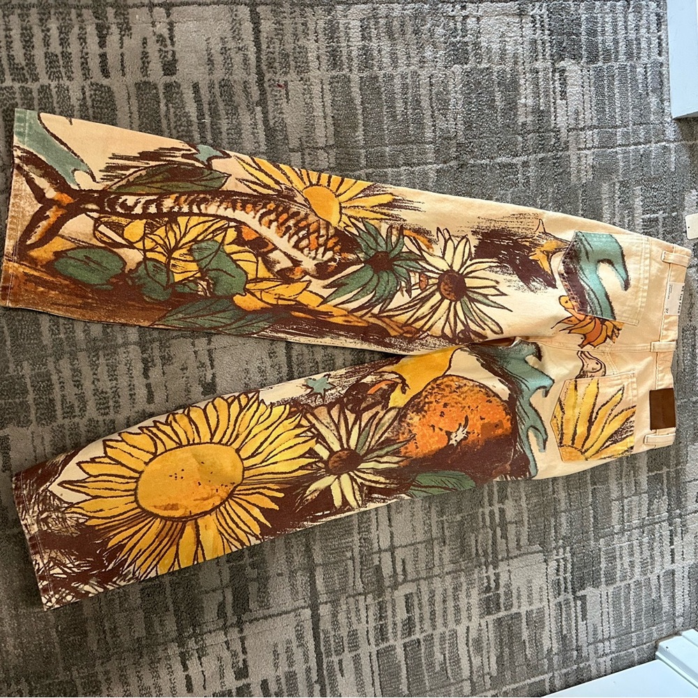 Free People Yellow Botanical Print Wide-Leg Jeans - Picture 5 of 6